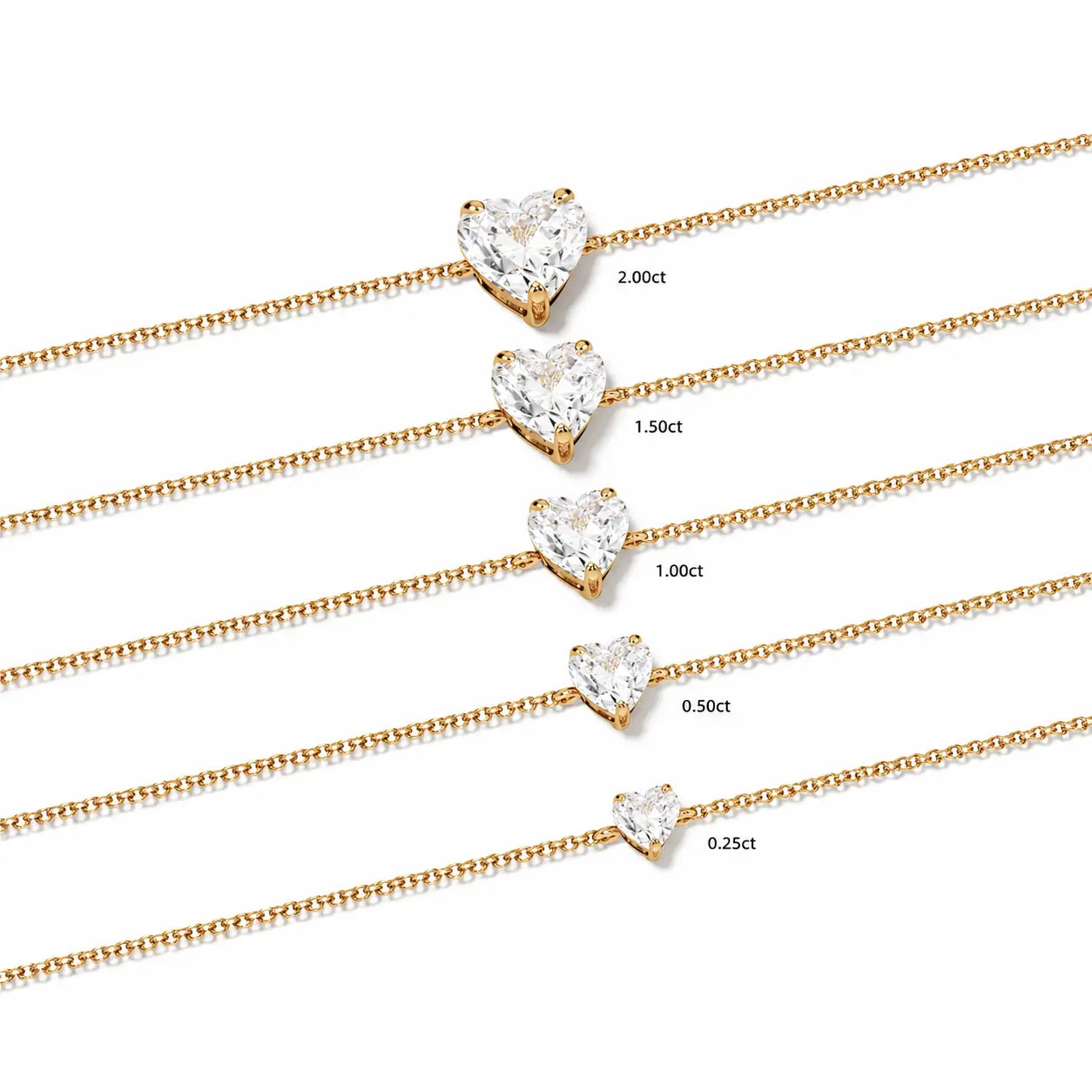 Bracelet AMORA en or jaune 18 carats avec diamant taille cœur – comparaison des tailles de 0,25 à 2 carats