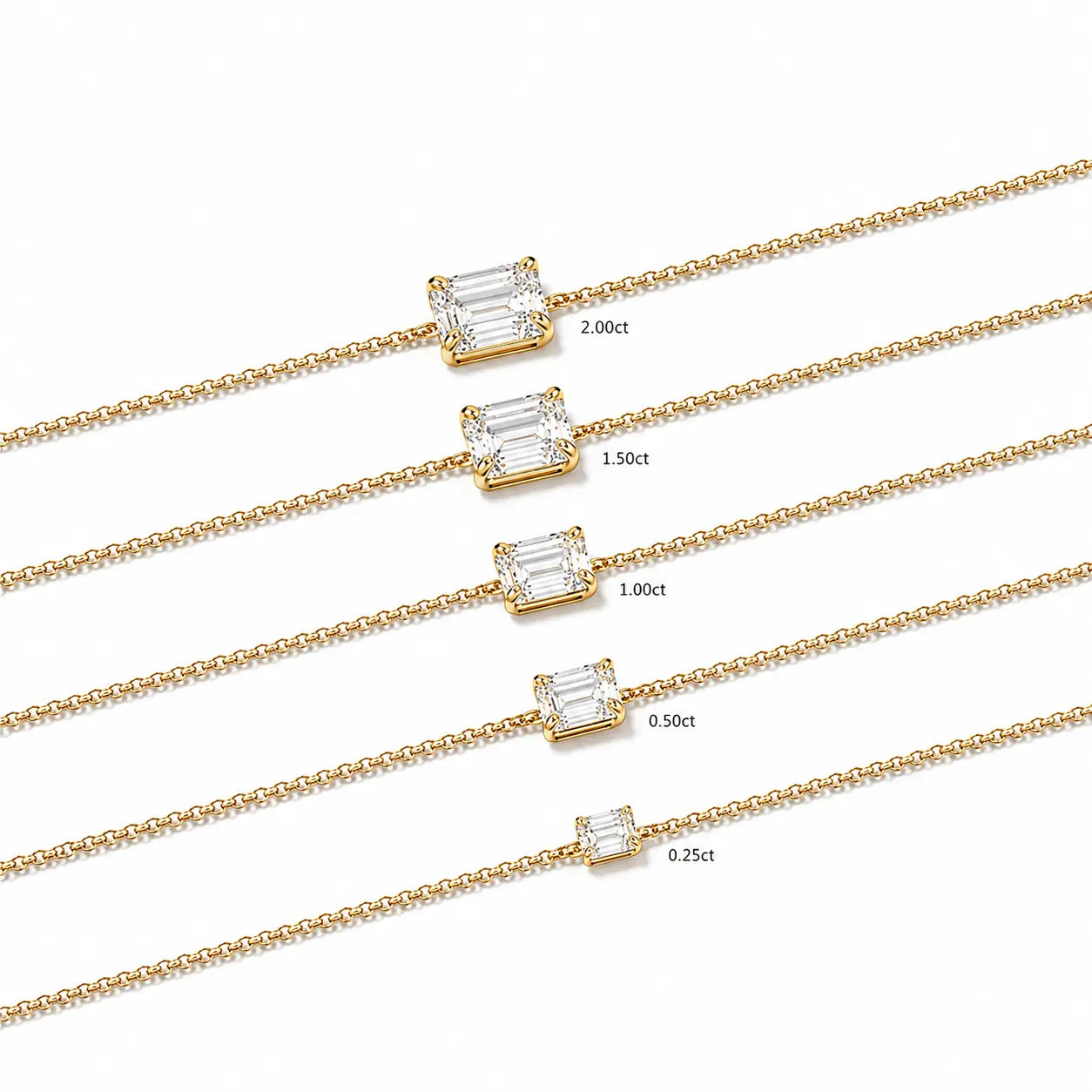 Comparatif des tailles de diamants taille émeraude de 0,25 à 2 carats sur le bracelet Éclat Émeraude en or jaune 18 carats