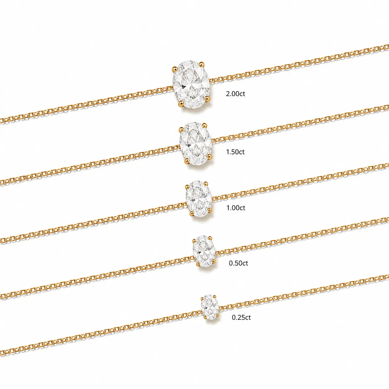Bracelet ORIANA en or jaune 18 carats avec diamant taille ovale – comparaison des tailles de 0,25 à 2 carats
