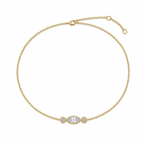 Bracelet NINA en or jaune avec diamant central taille marquise et deux diamants ronds sur chaîne fine