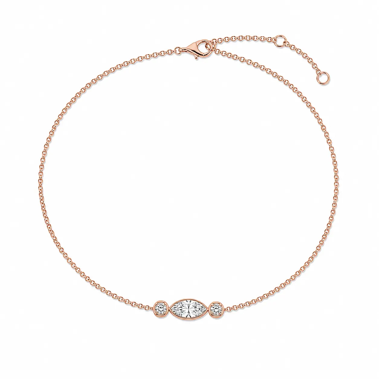 Bracelet NINA en or rose avec diamant central taille marquise et deux diamants ronds sur chaîne fine