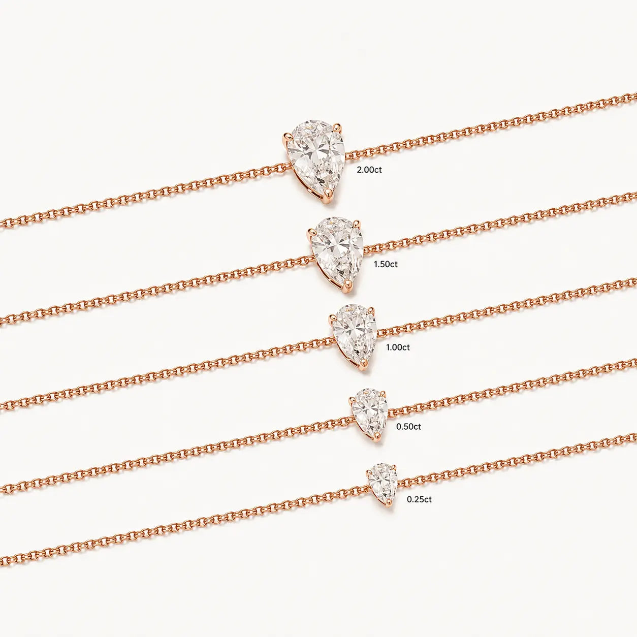 Bracelet LEANNA en or rose 18 carats – comparatif des tailles de diamant poire de laboratoire : 0.25ct, 0.50ct, 1.00ct, 1.50ct et 2.00ct