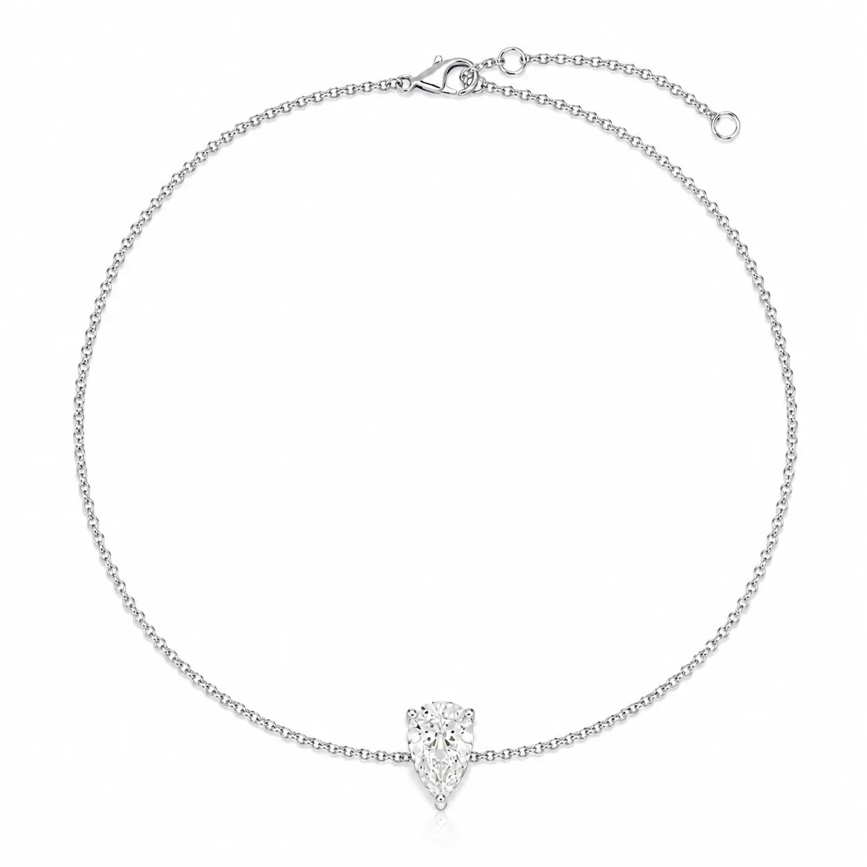 Bracelet LEANNA en or blanc 18 carats avec diamant poire de laboratoire – vue complète avec chaîne ajustable et fermoir mousqueton
