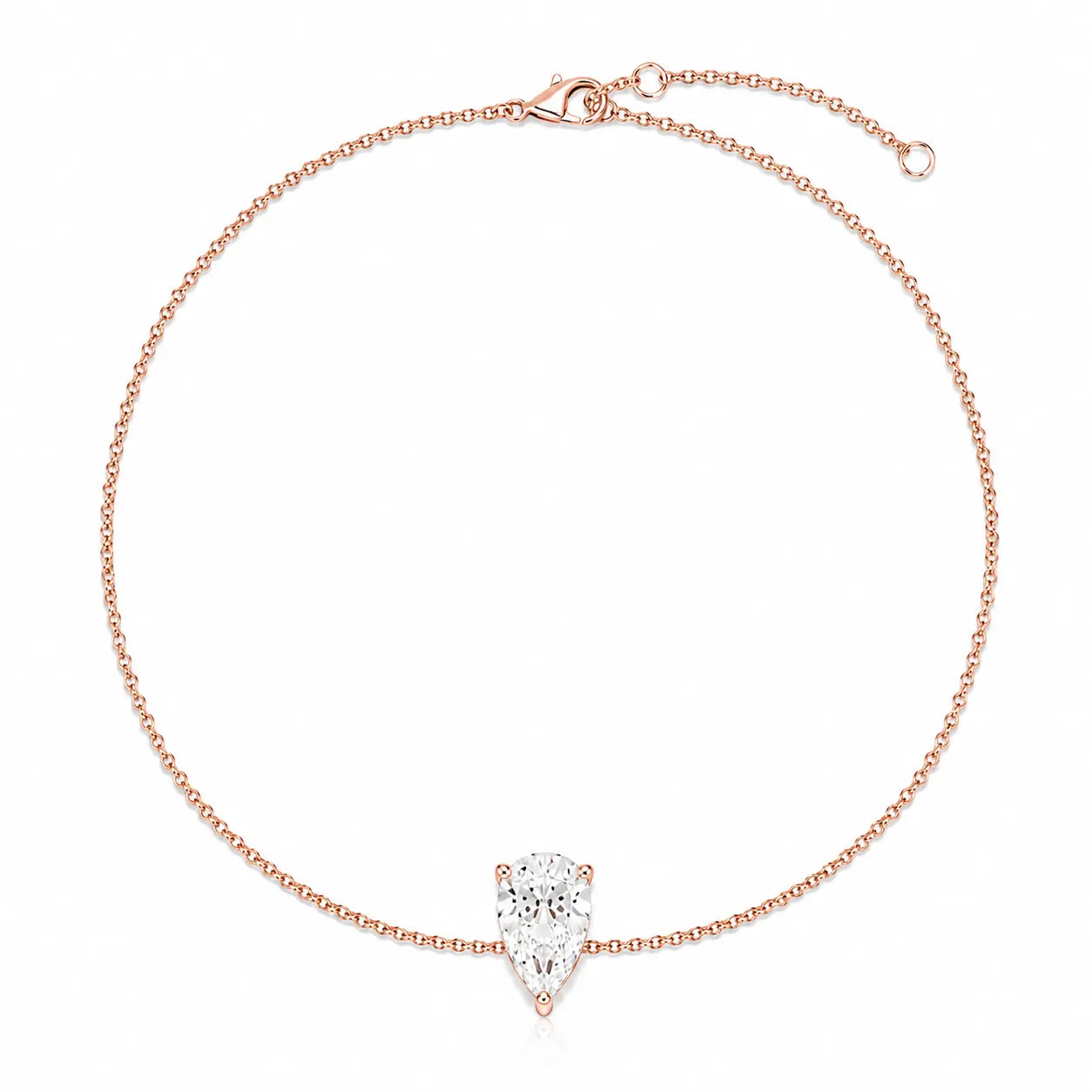 Bracelet LEANNA en or rose 18 carats avec diamant poire de laboratoire – vue complète avec chaîne ajustable et fermoir mousqueton