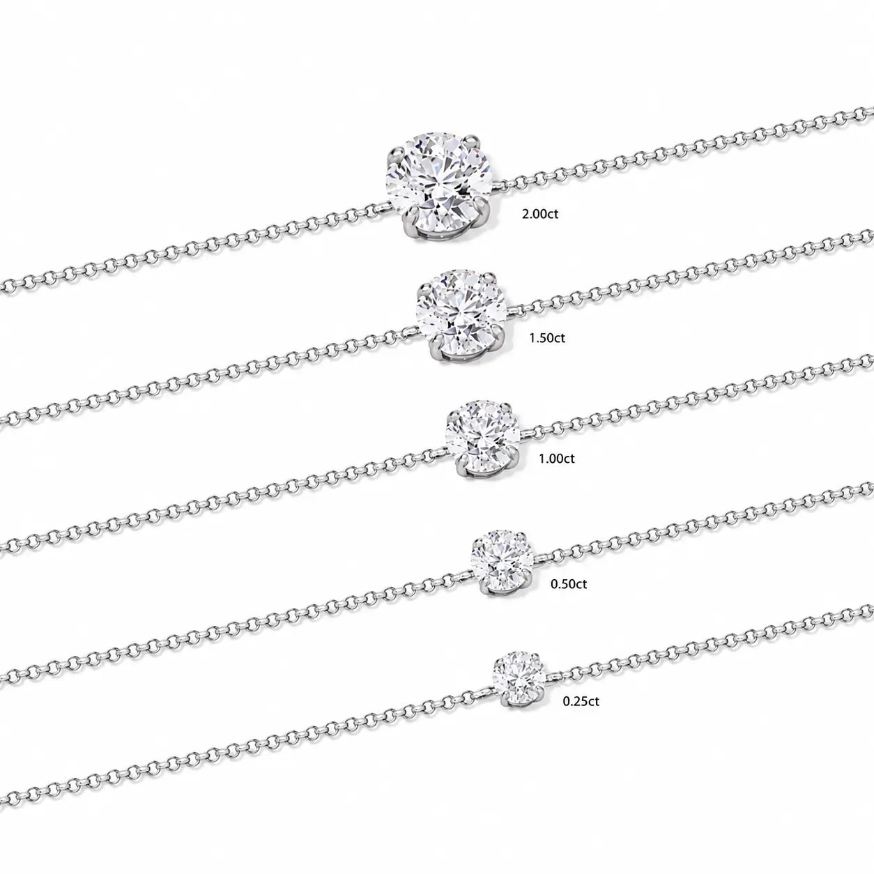 Bracelet SAONA en or blanc 18 carats – comparatif des tailles de diamant rond de laboratoire : 0.25ct, 0.50ct, 1.00ct, 1.50ct et 2.00ct