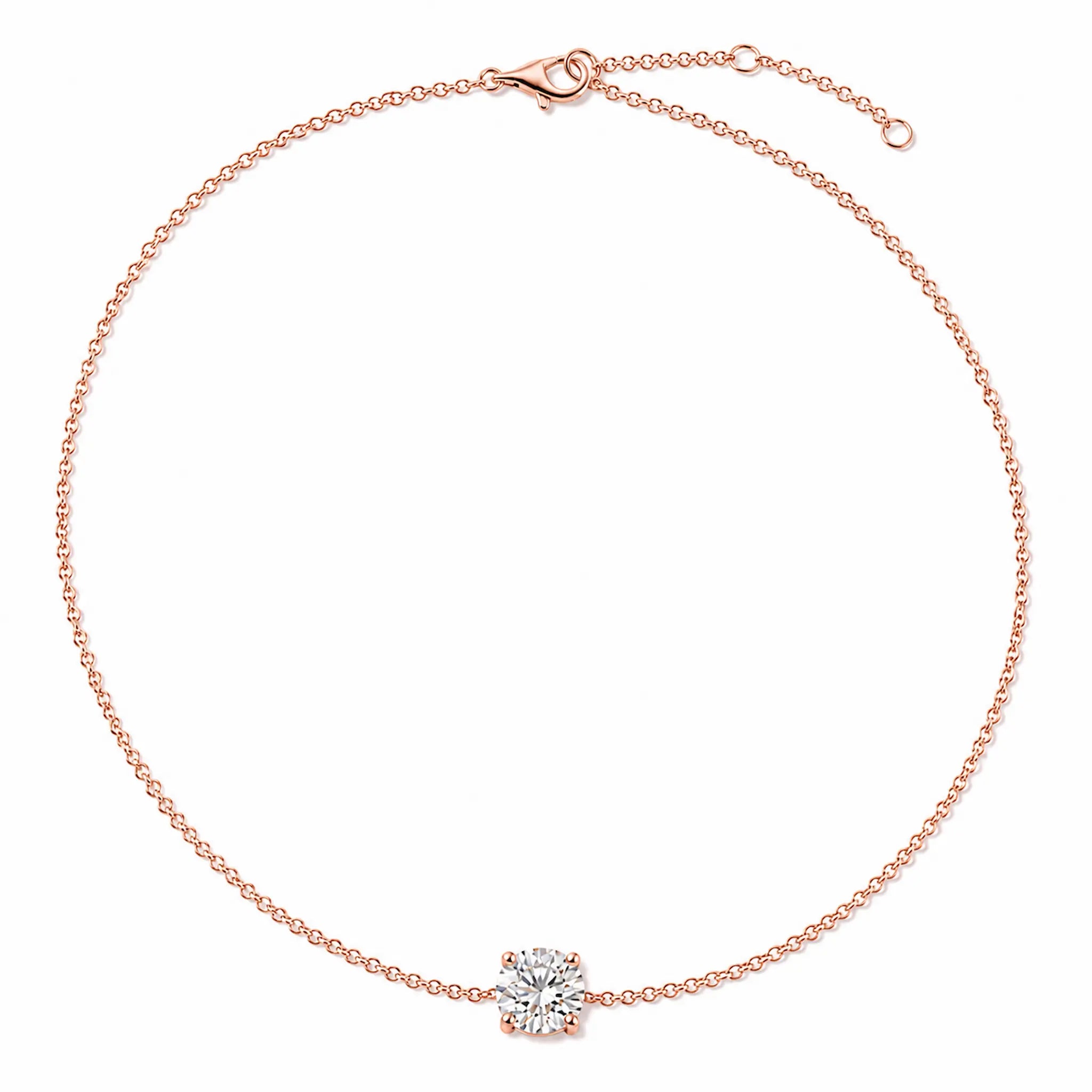 Bracelet SAONA en or rose 18 carats avec diamant rond de laboratoire – vue complète avec chaîne ajustable et fermoir mousqueton
